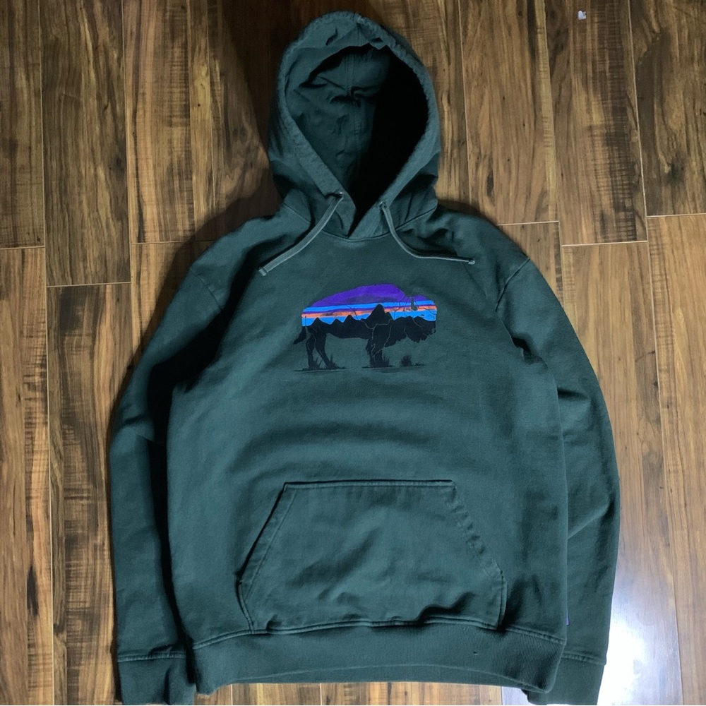 Patagonia Forest Green Hoodie with Buffalo Graphic